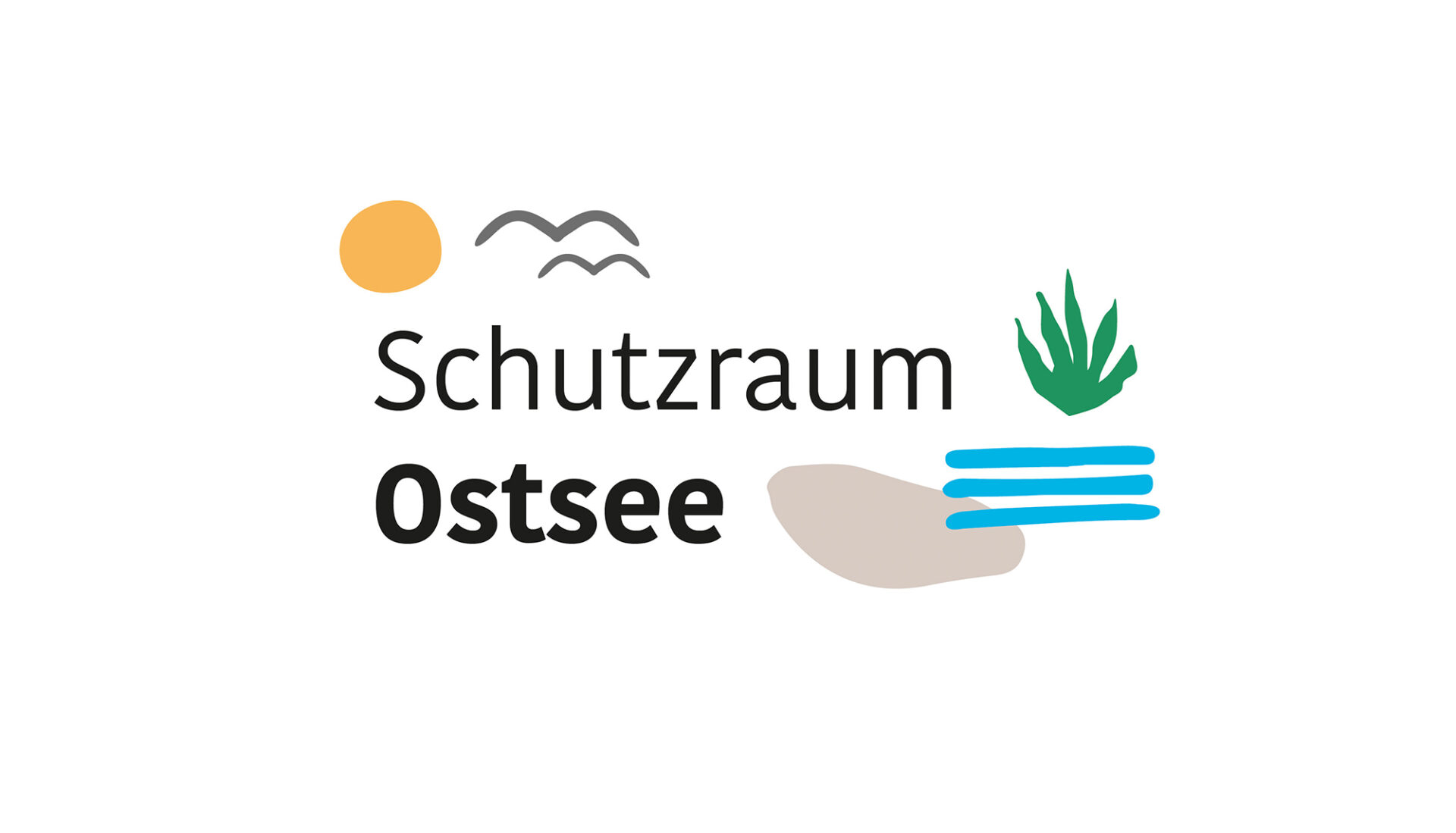 Logo mit Schriftzug Schutzraum Ostsee und kleinen Icons wie Sonne, Möwe, Steine und Algen